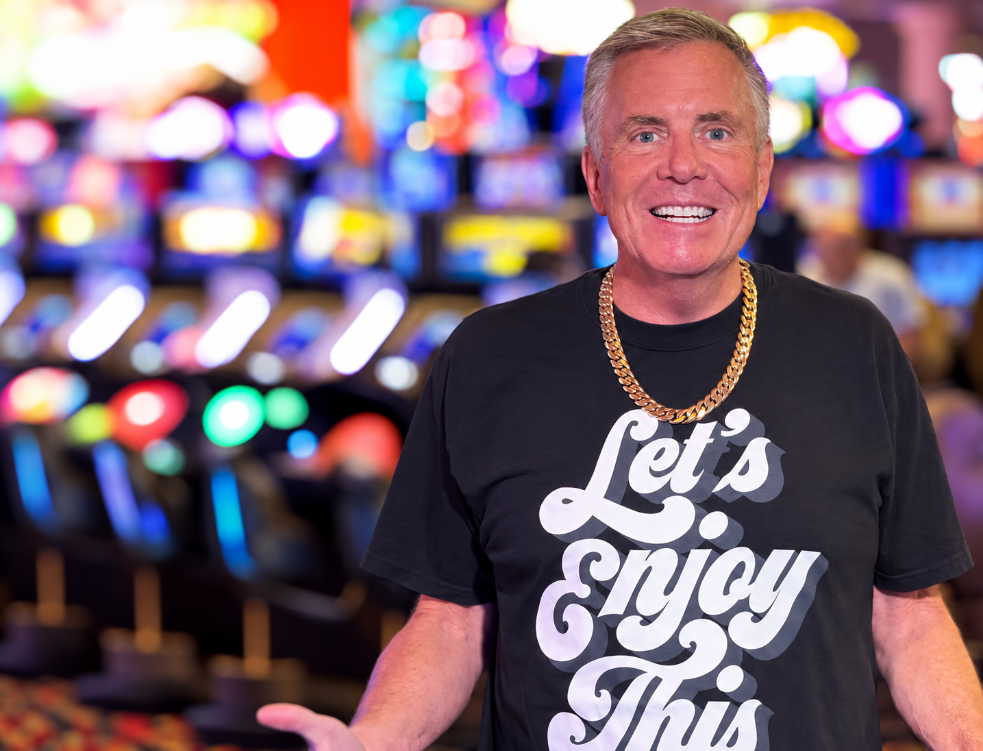 Vegas Matt wearing his official Let's Enjoy This merchandise