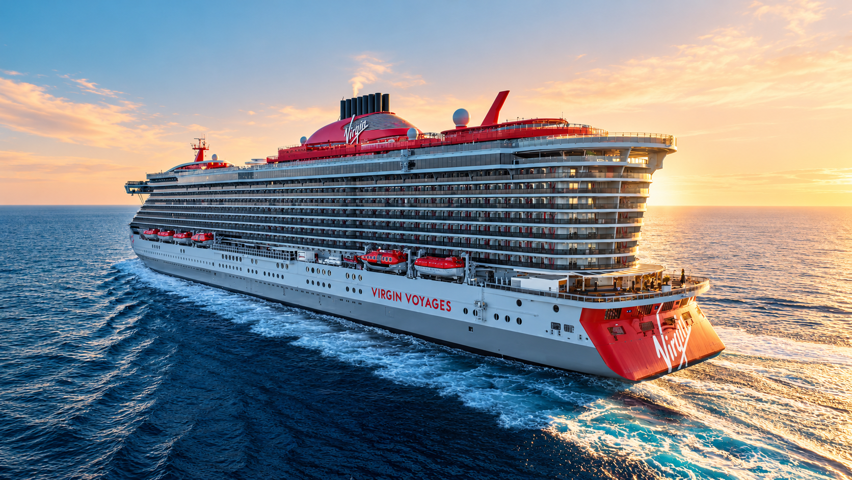 Virgin Voyages cruise ship sailing on turquoise water